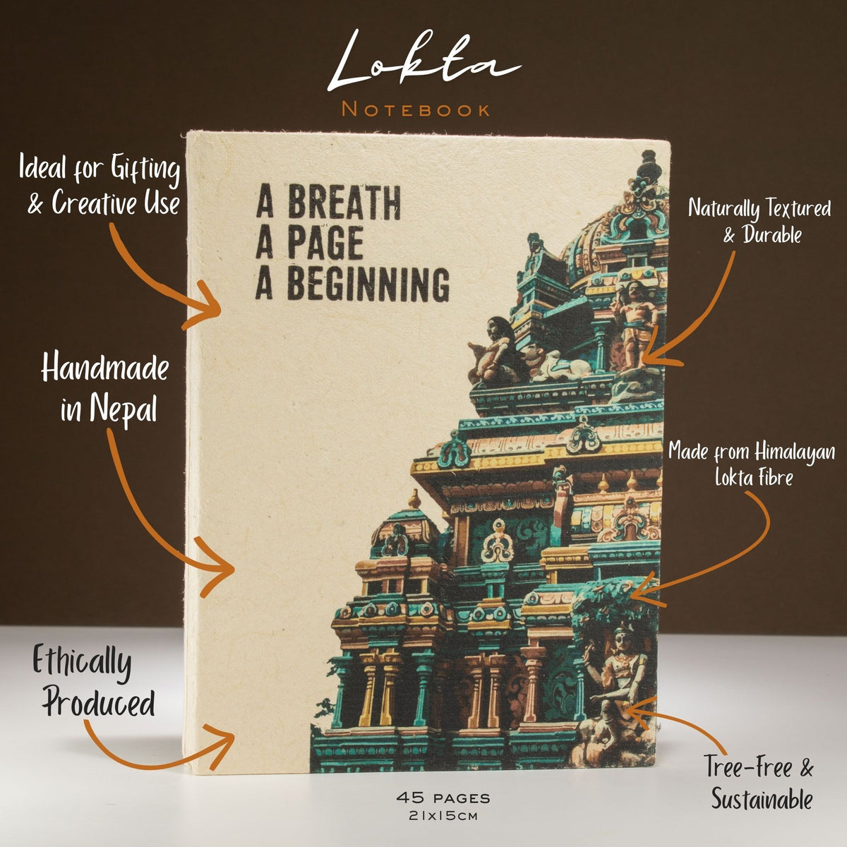 Lrg Lokta Inspiration Notebook (21x15cm) - 45 leafs - A Breath - inc bookmark