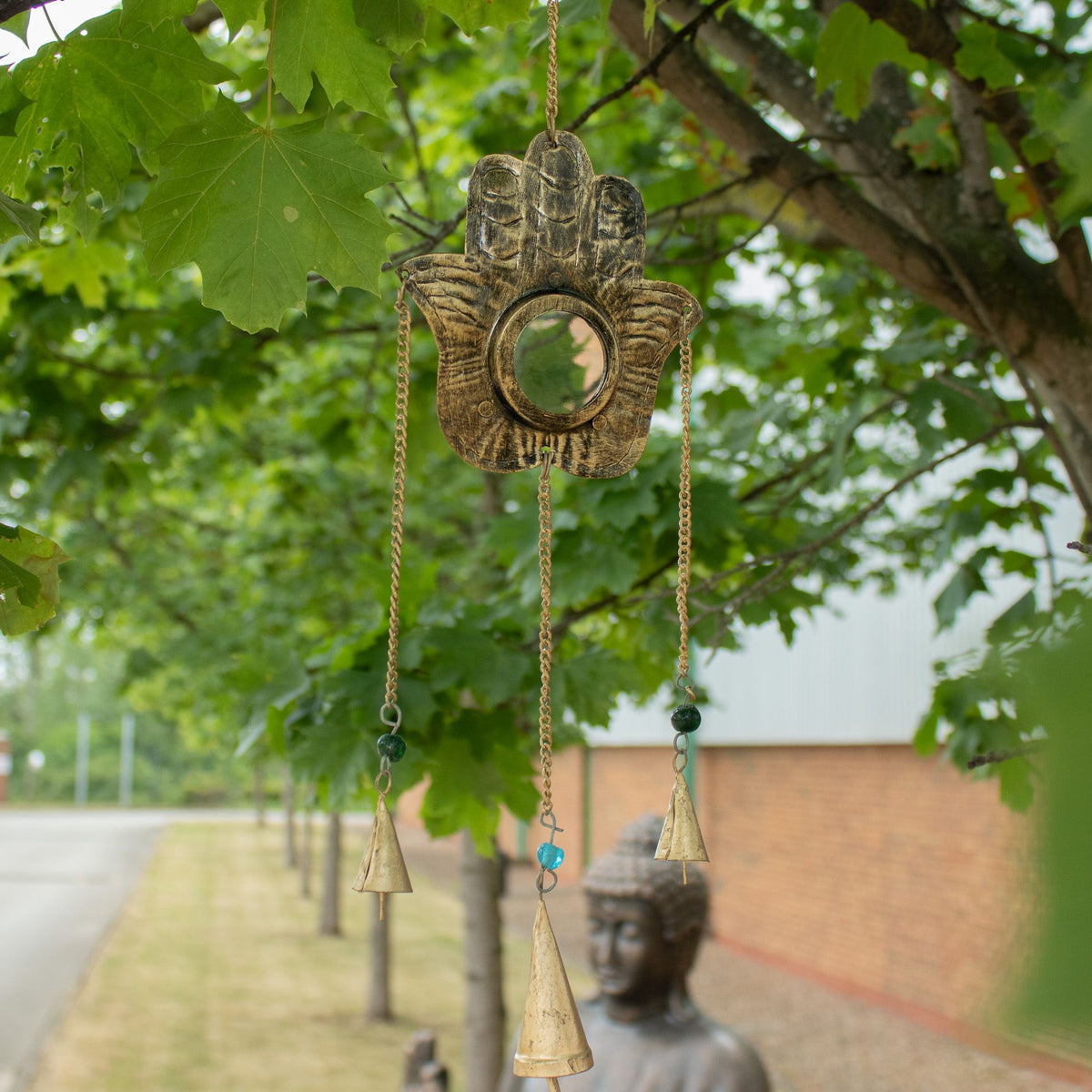 Indian Chimes - Hamsa Sm Mirror 3 Bells - 14x55cm