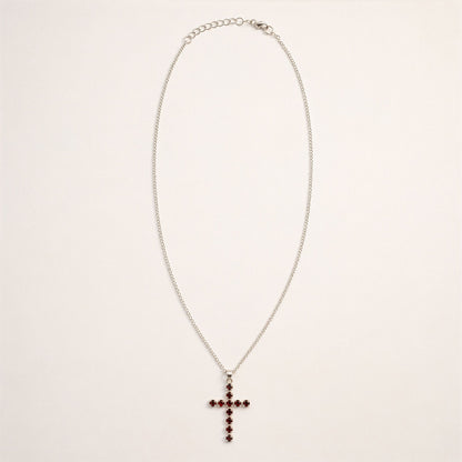 Indian Devotional Pendant - Silver Plated (45cm Chain)- Garnet Crucifix