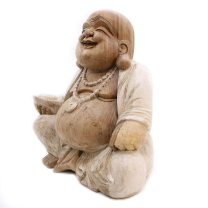 Hand Carved Buddha Statue - 50cm Happy - Whitewash