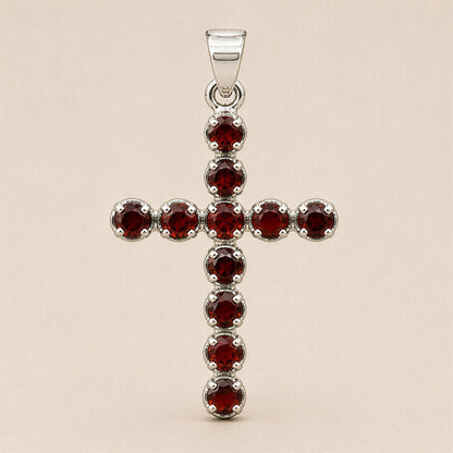 Indian Devotional Pendant - Silver Plated (45cm Chain)- Garnet Crucifix
