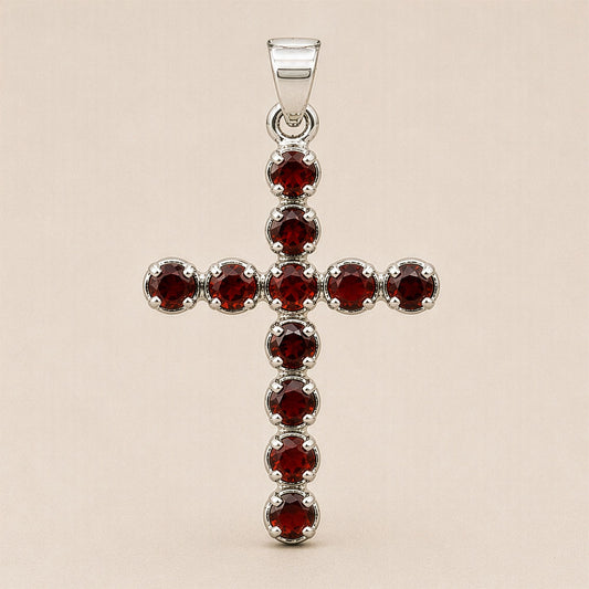 Indian Devotional Pendant - Silver Plated (45cm Chain)- Garnet Crucifix