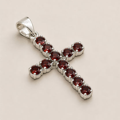 Indian Devotional Pendant - Silver Plated (45cm Chain)- Garnet Crucifix