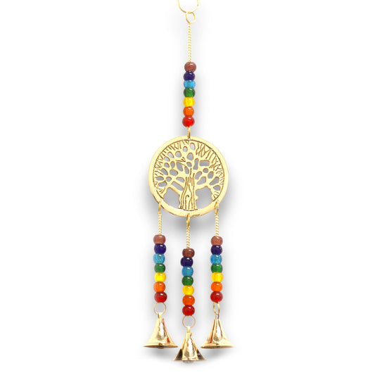 Indian Chimes - Brass Tree of Life with Chakra Beads - 3 Bells - 6.5x31cm