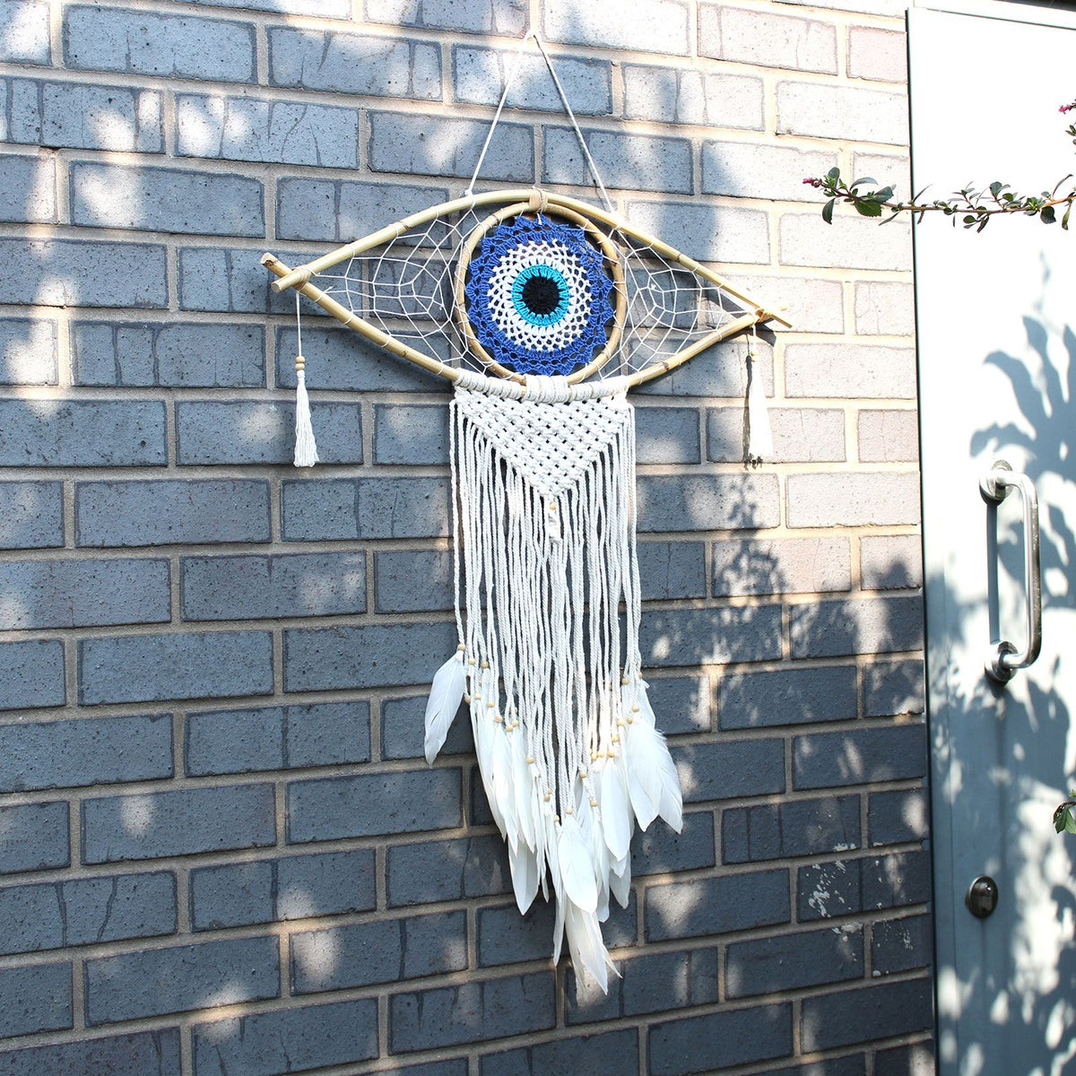 Protection Dream Cather - Lrg Macrame Eye White/ Gey/Brown