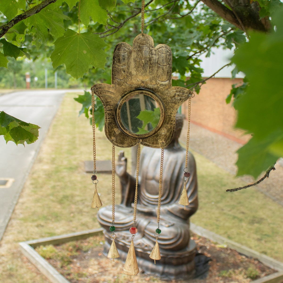 Indian Chimes - Hamsa Lrg Mirror 5 Bells - 19x65cm