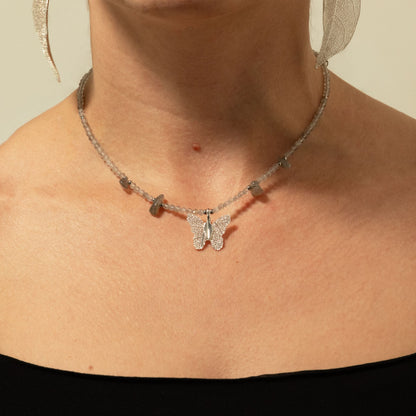 Nymph Labradorite Gemstone Necklace with Real Leaf Butterfly Pendant