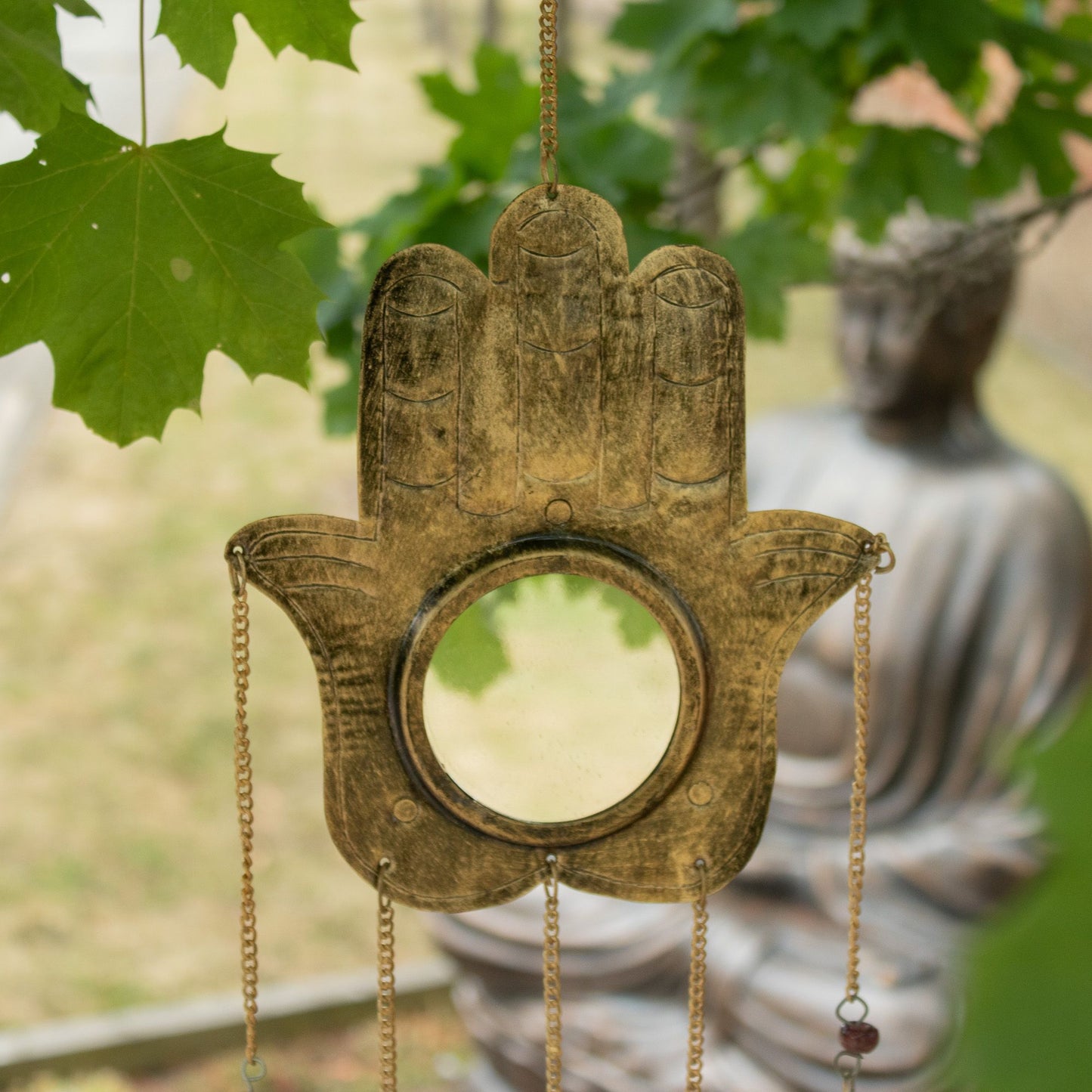 Indian Chimes - Hamsa Lrg Mirror 5 Bells - 19x65cm