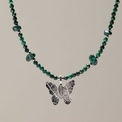 Nymph Malachite Gemstone Necklace with Real Leaf Butterfly Pendant