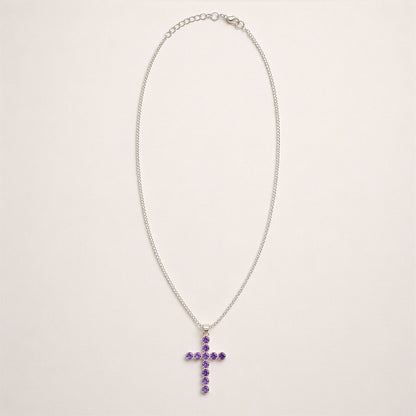 Indian Devotional Pendant - Silver Plated (45cm Chain)- Amethyst Crucifix