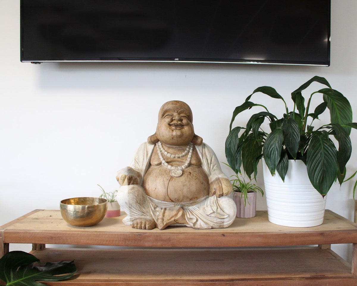 Hand Carved Buddha Statue - 50cm Happy - Whitewash