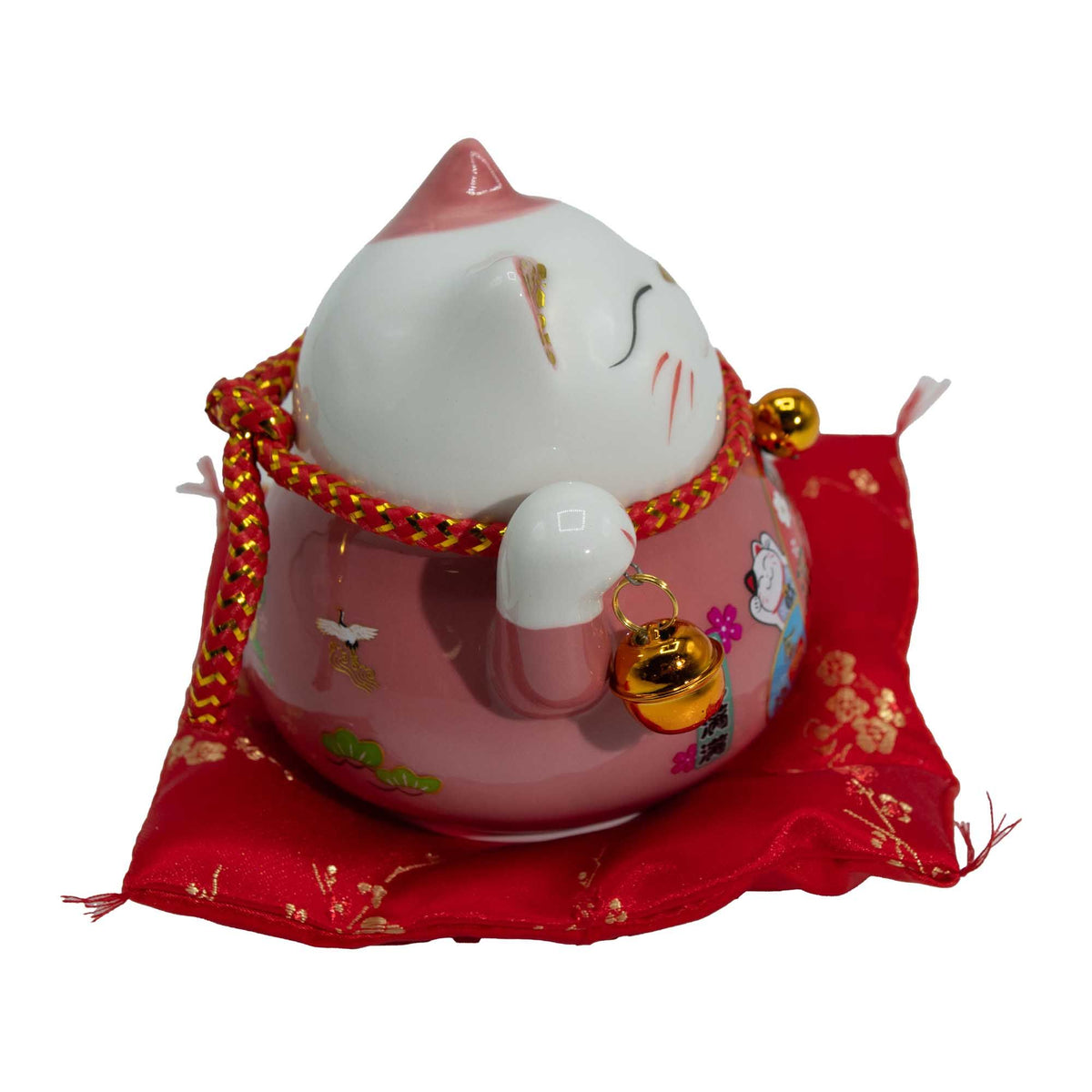 Ceramic Money Cat Moving Hand  - Pink on Cushion (battery not included)