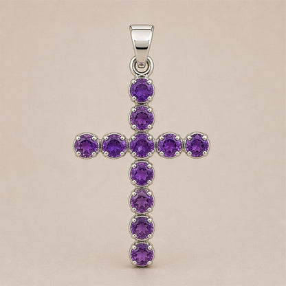 Indian Devotional Pendant - Silver Plated (45cm Chain)- Amethyst Crucifix