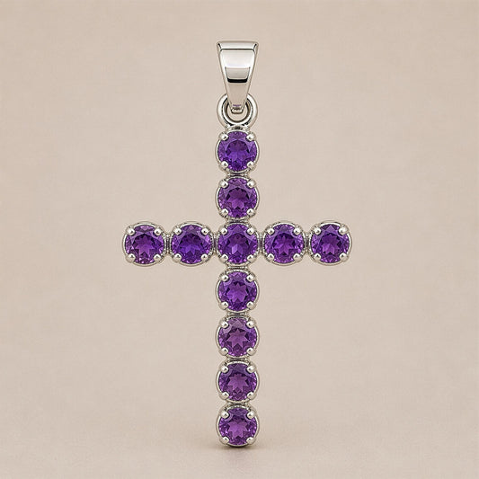 Indian Devotional Pendant - Silver Plated (45cm Chain)- Amethyst Crucifix