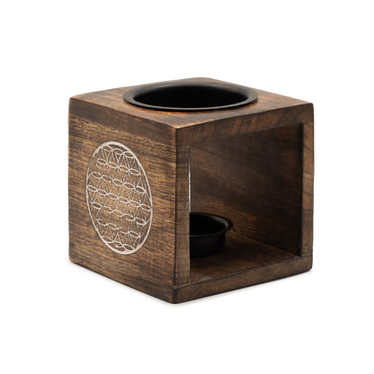 Square Mango Wood Oil Burner - Flower of Life
