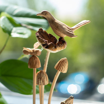 Handmade Parasite Wood Art Carving - Bird & Bee on Mushrooms