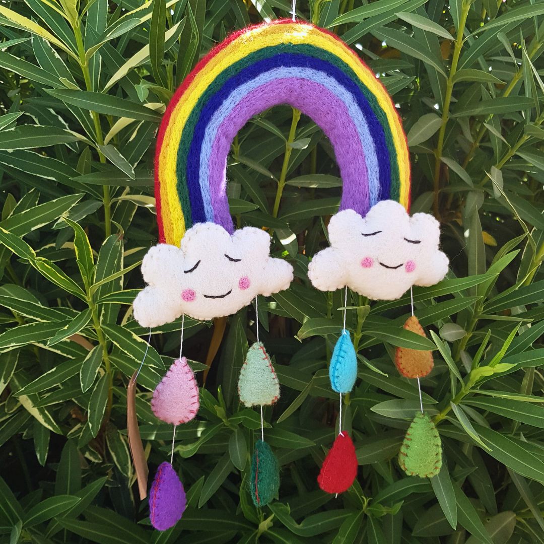 Handmade Felt Mobile - Rainbow Happy Clouds