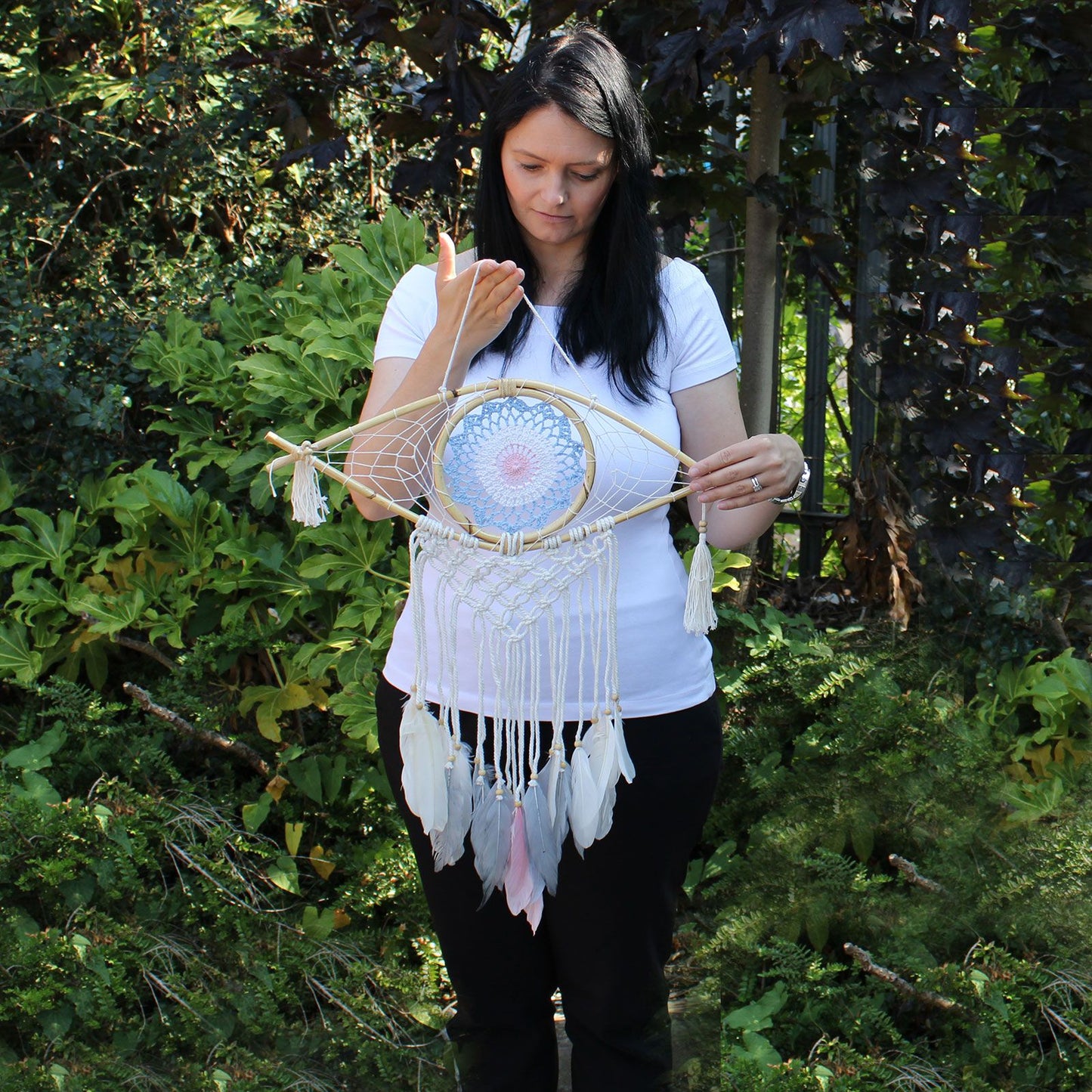 Protection Dream Cather - Med Macrame Eye White/ Gey/Brown