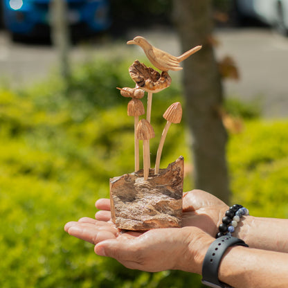 Handmade Parasite Wood Art Carving - Bird & Bee on Mushrooms