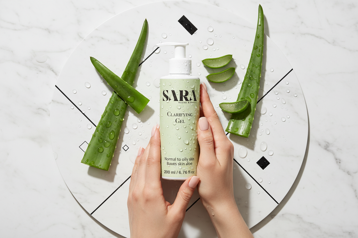Clarifying Gel flat lay with hands