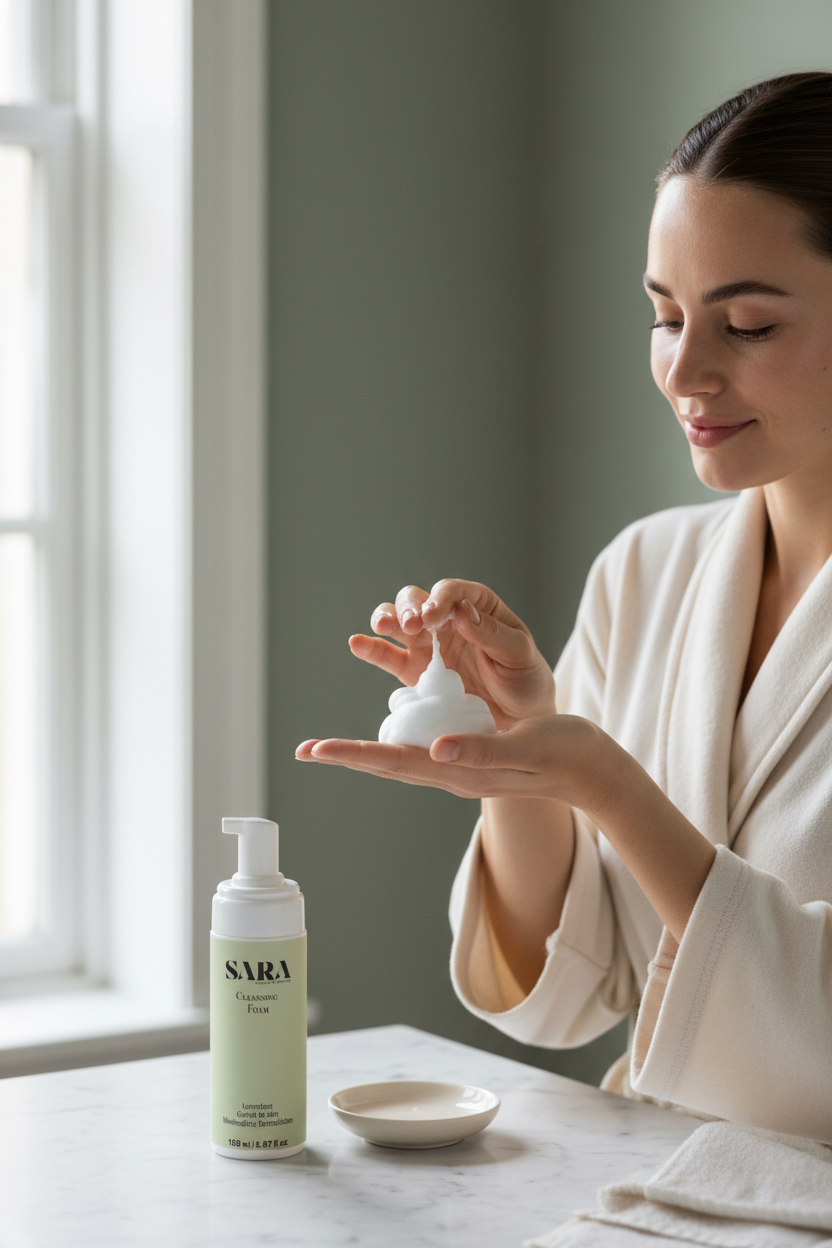 SARA Cleansing Foam being applied by model