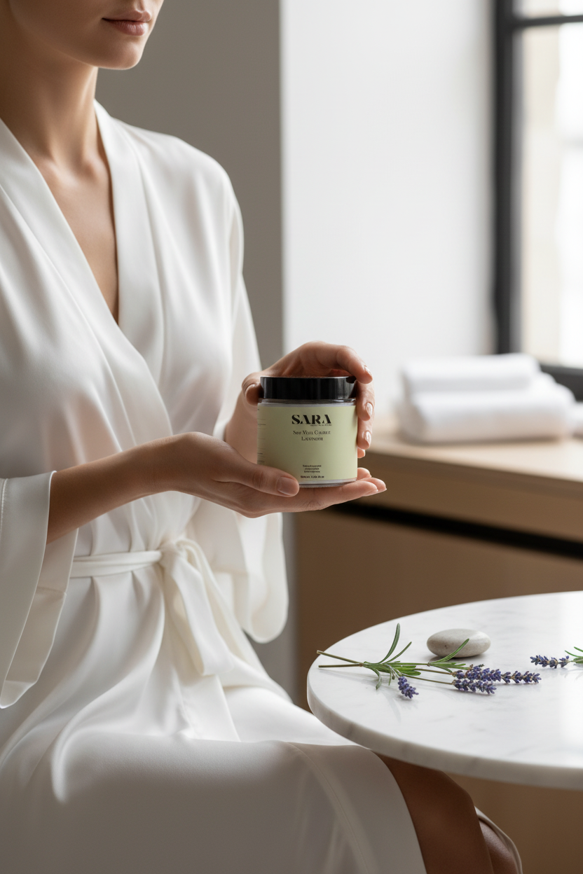 Sara Soy Wax Candle Lavender – Lifestyle Model Shot